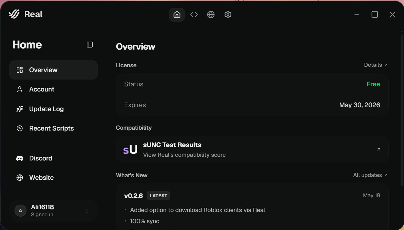 Real home screen with license and compatibility cards