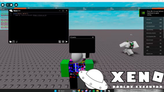 Xeno editor open beside a Roblox place